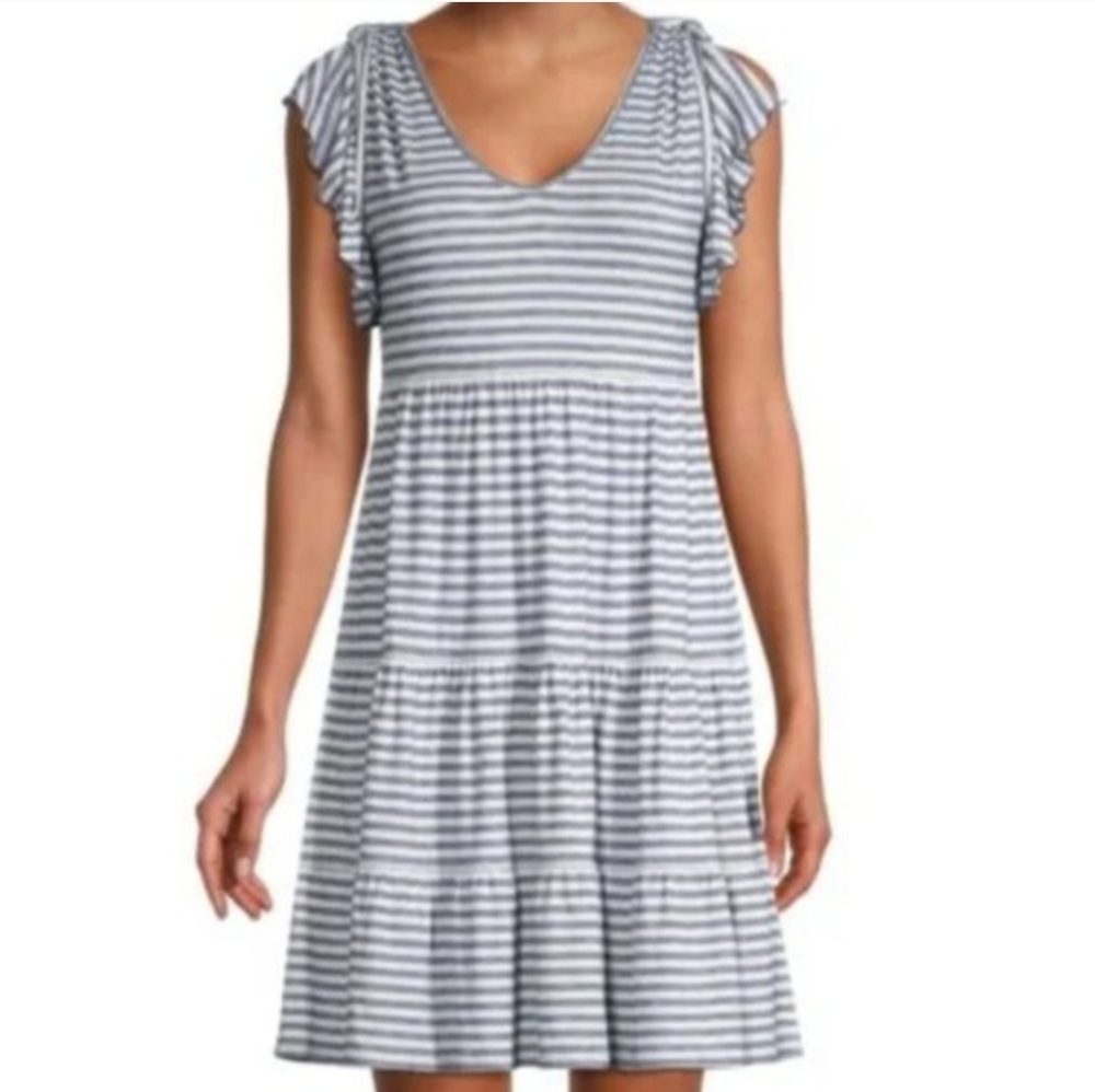 Max Studio Jersey Ruffle Sleeve Tiered Navy Blue White Stripe Casual Dress Sz. M